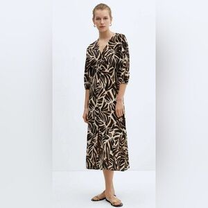 Mango Brown and Cream Leaf-Print Midi Dress